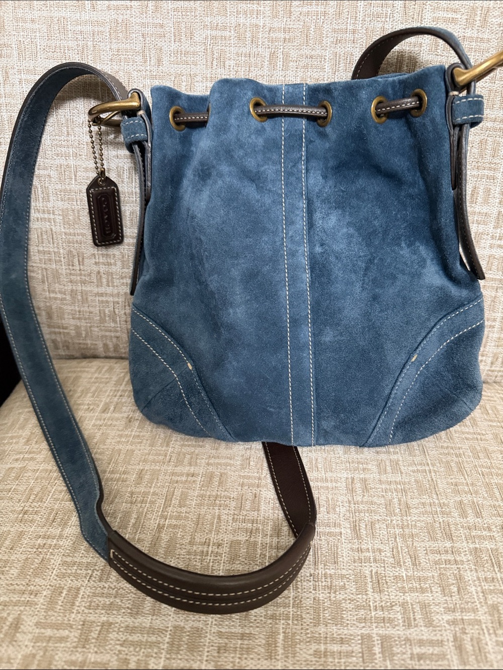 Coach Blue Suede Drawstring Bucket Bag with Brown Trim